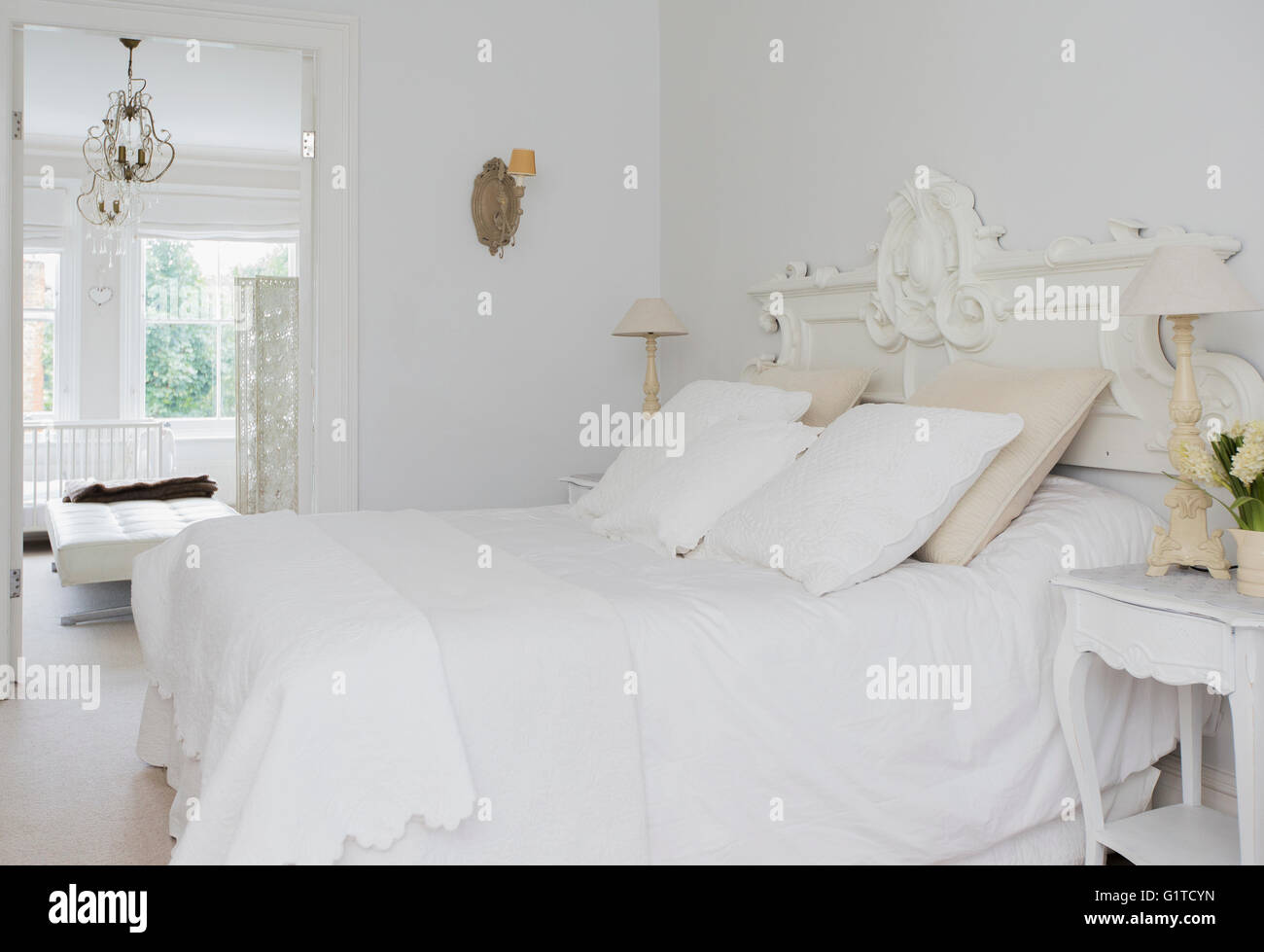 Home showcase interior white bed and bedroom Stock Photo