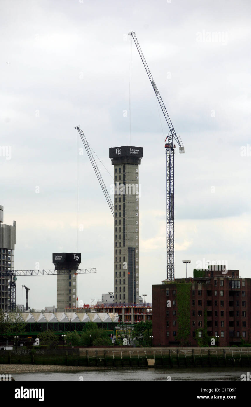 Cranes surround the Embassy Gardens development in south west London, Britain May 17, 2016. Copyright photograph John Voos Stock Photo