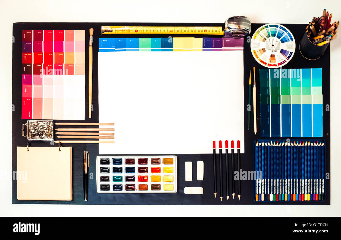 Flat lay of Interior designer and architect working space, space for text. Stock Photo