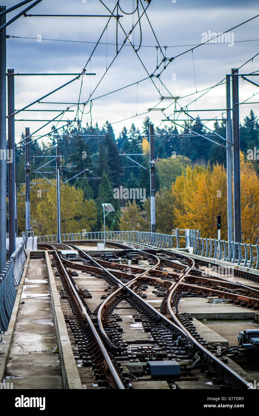 Double crossover switch on Sound Transit's Link light rail system in Seattle, Washington. Stock Photo