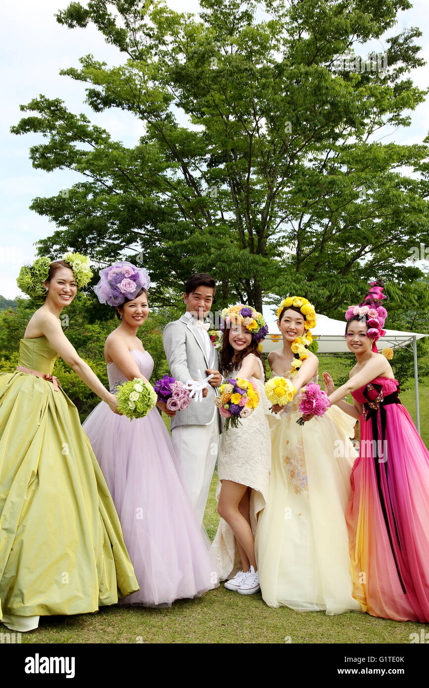 Young Japanese models show up wedding dress Stock Photo Alamy