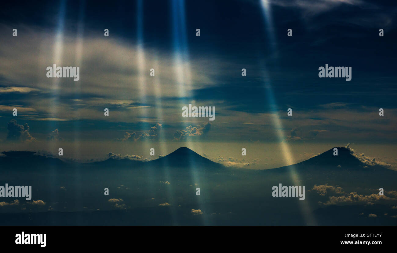 Aerial view of Sumbing and Sundoro volcanoes in Central Java. Stock Photo