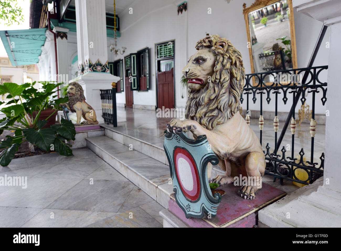 Lions sculptures protecting the Sultan's palace in Yogyakarta. Stock Photo
