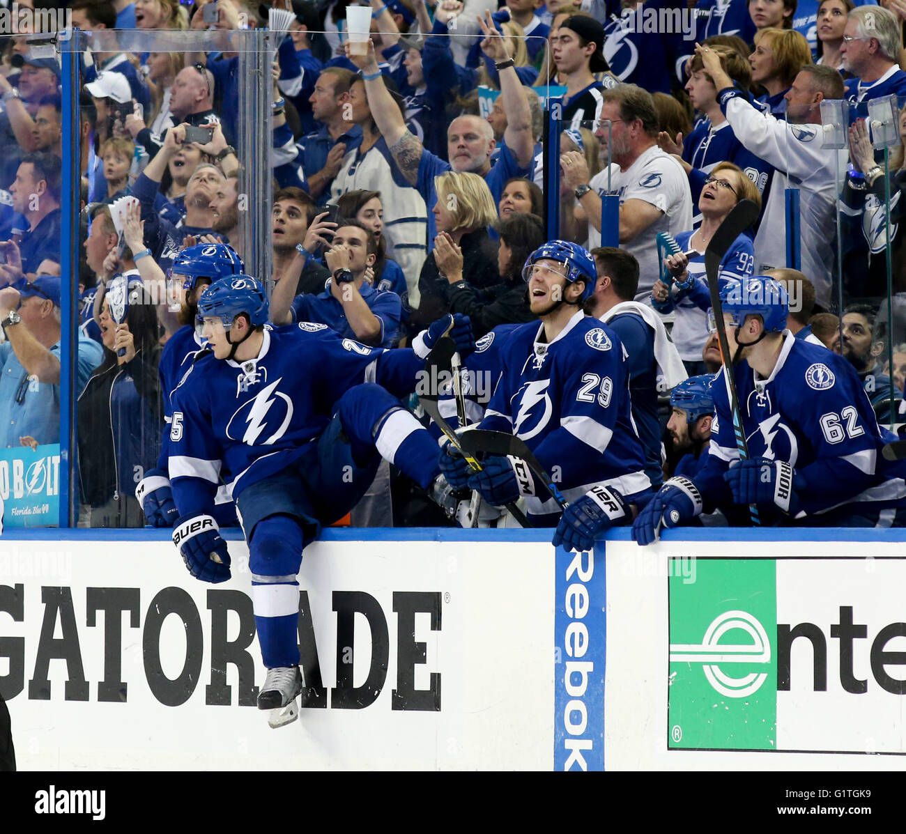 May 8 2016 Tampa Florida U S Dirk Shadd Times Tampa Bay Lightning Players Prepare To Leap Over The Bench To Celebrates As The Horn Sounds Completing There 4 To