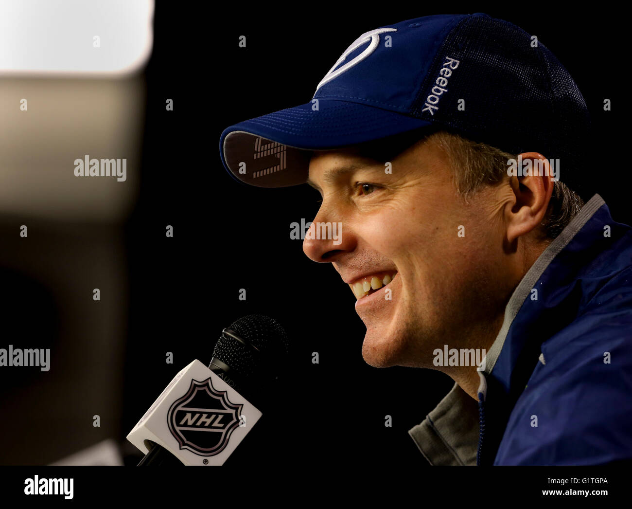 Pittsburgh, Florida, USA. 15th May, 2016. DIRK SHADD | Times .Tampa Bay Lightning head coach Jon Cooper addresses the media after the team practices on the ice at the Console Energy Center in Pittsburgh Sunday afternoon (05/15/16) © Dirk Shadd/Tampa Bay Times/ZUMA Wire/Alamy Live News Stock Photo