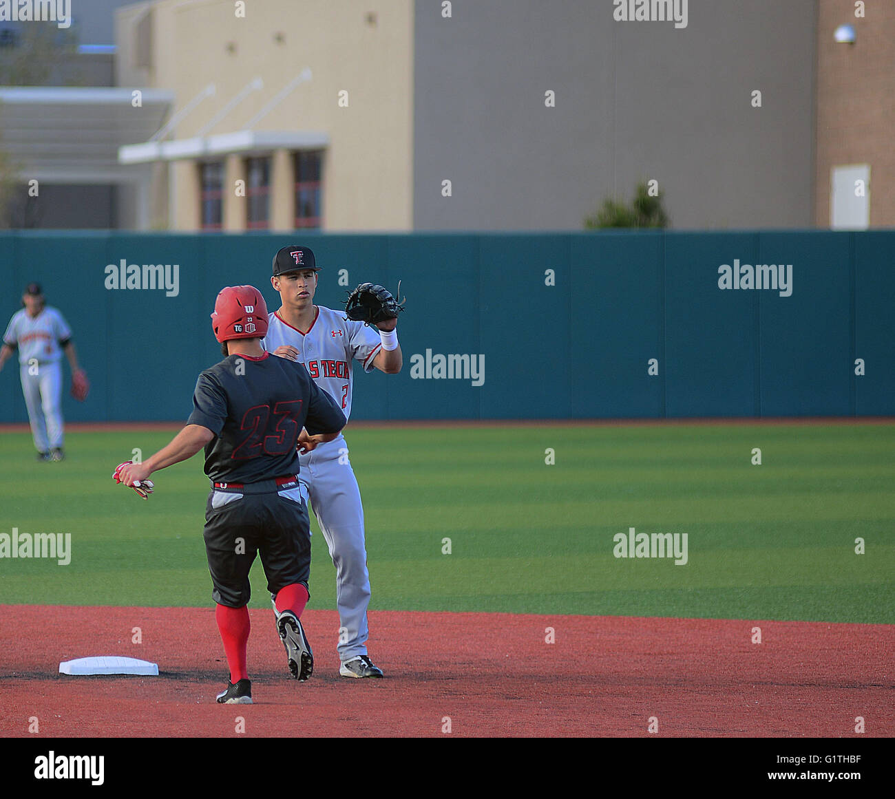 Albuquerque, NEW MEXICO, USA. 19th Apr, 2016. 041916.UNM infielder Jared Holley, left beats Texas Tech 1st base player Orlando Garcia, during the game played at UNM Stadium .Photographed on Tuesday April 19, 2016. Adolphe Pierre-Louis/JOURNAL. © Adolphe Pierre-Louis/Albuquerque Journal/ZUMA Wire/Alamy Live News Stock Photo