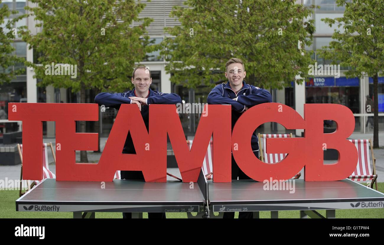 Milton Keynes, UK. 19th May, 2016. (l to r) Paul Drinkhall (Athlete) and Lian Pitchford (Athlete
