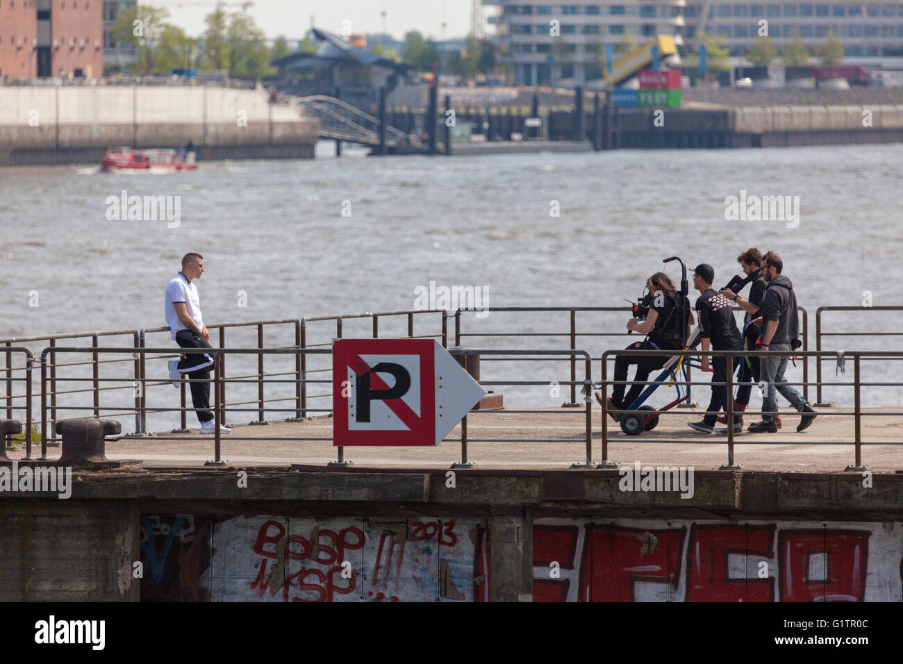 Hamburg, Germany. 19th May, 2016. Scenes from video shoot for new single of german rap band Beginner (formerly Absolute Beginner) featuring rapper Gzuz at Hamburg harbor. Stock Photo