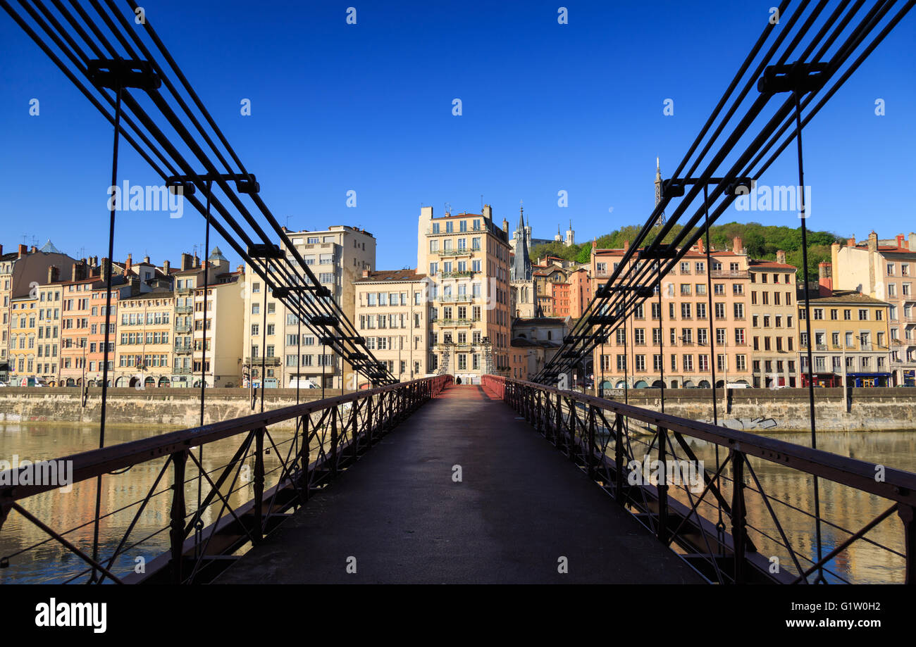Passerelle Saint-Vincent over the Saone river and Vieux Lyon in Lyon city. Stock Photo