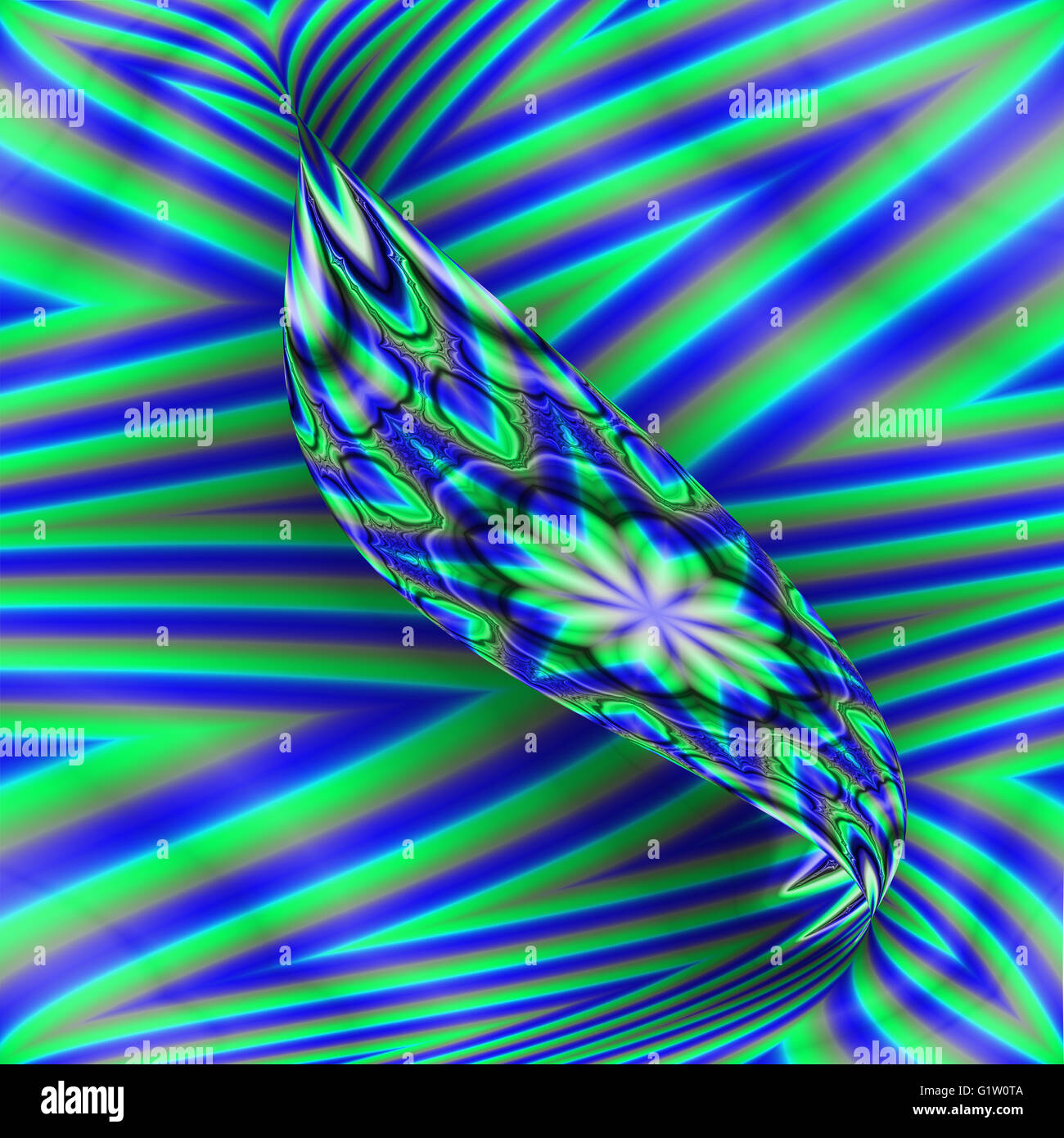 Blue and green striped fractal with twisted ribbon effect in the center Stock Photo