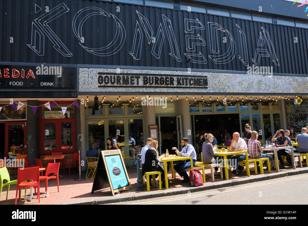 Gourmet Burger Kitchen and Komedia Comedy Club in Gardner Street, North Laines, Brighton, East Sussex, England, UK Stock Photo