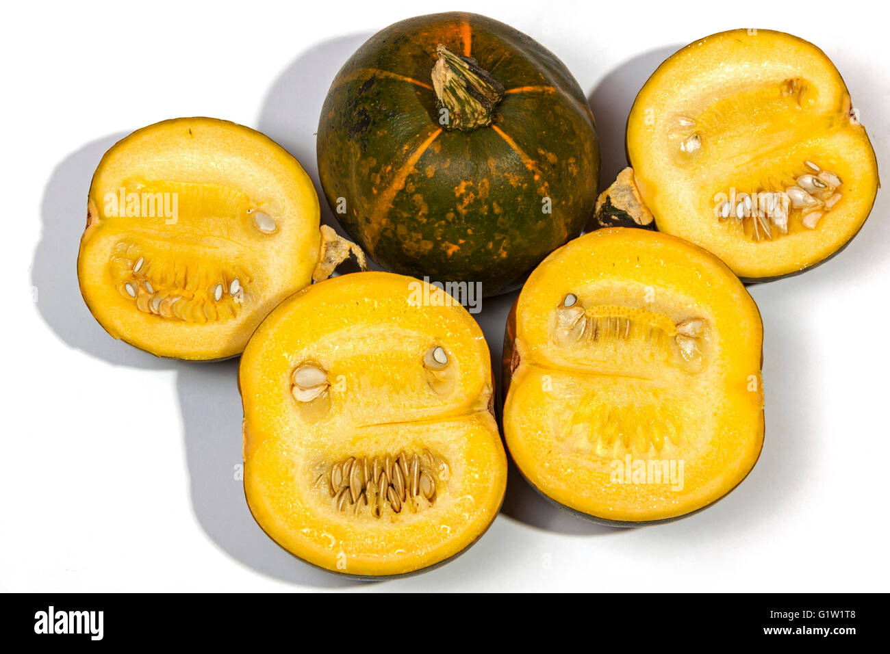 Studio shot collection of halved yellow and whole gem squashes on white background Stock Photo