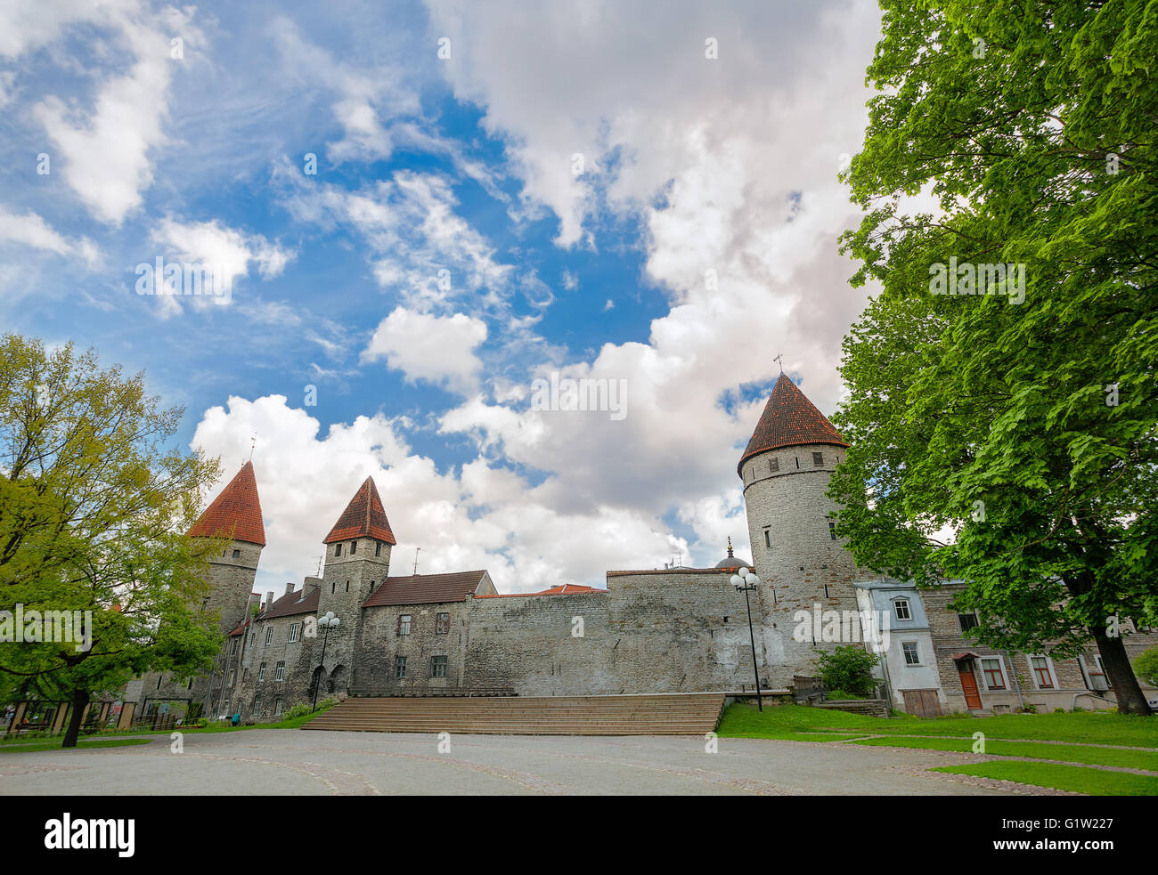 Fortification wall with turrets in old town of Tallinn. Estonia Stock Photo