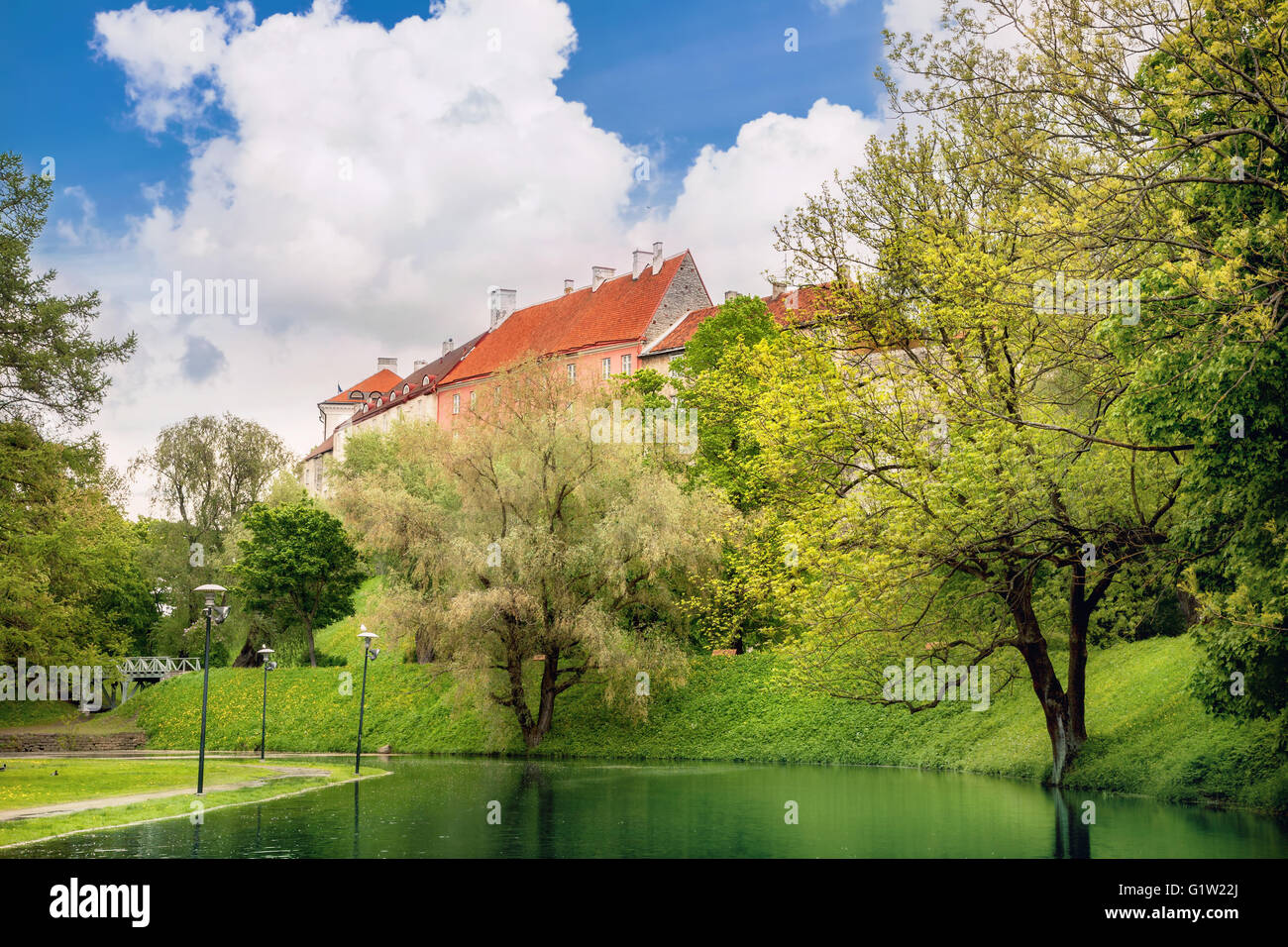 Park with pond in center of Tallinn. Estonia Stock Photo