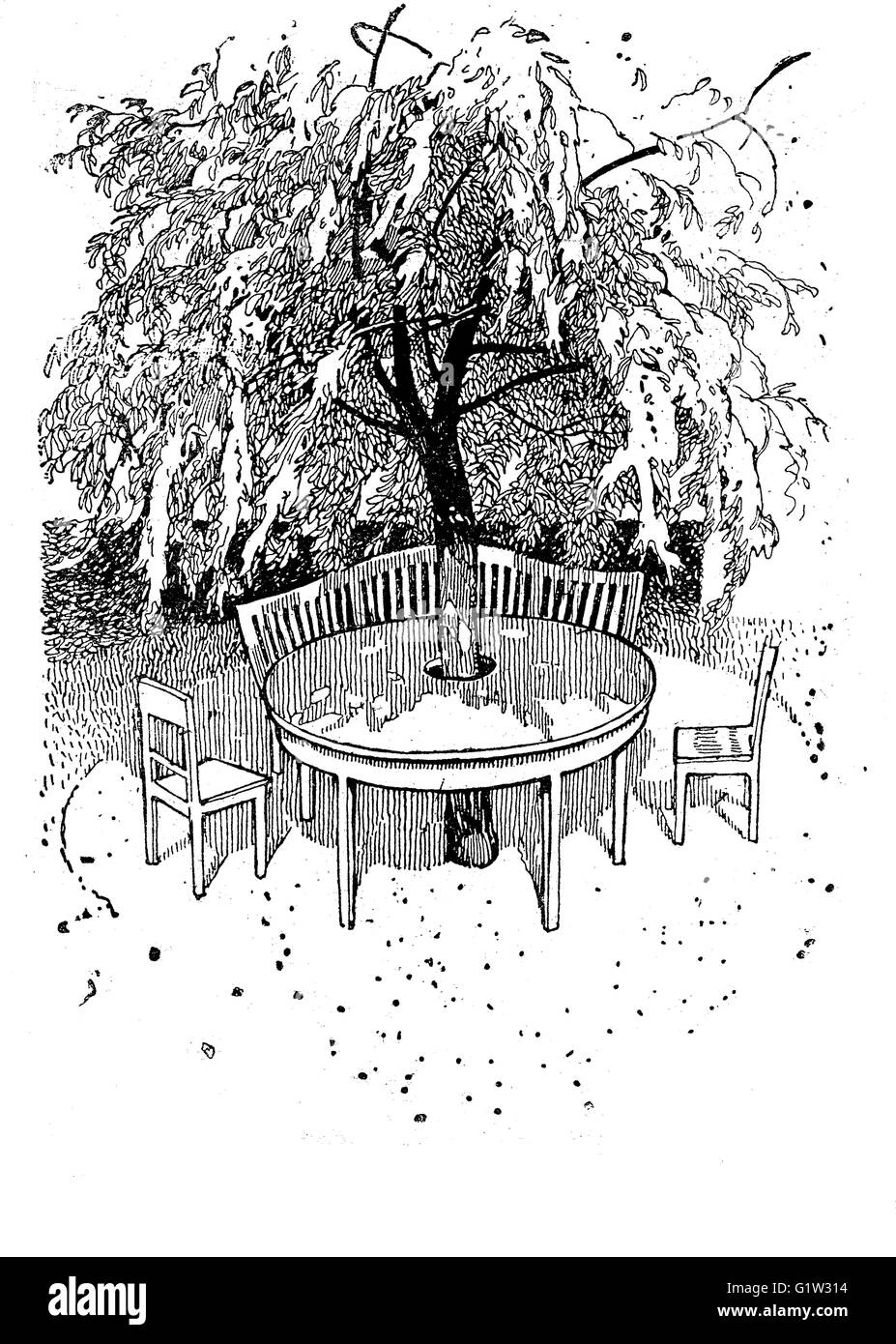 Vintage illustration: enjoyable cozy corner in the garden under a tree shade with chairs, bench and a round table built around the trunk, Stock Photo