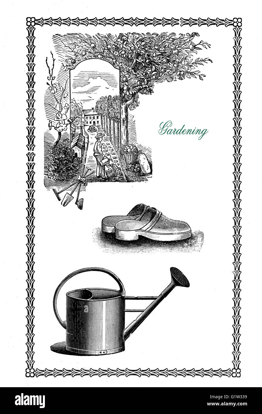 Vintage elegant frame with gardening illustration,floral decorations,watering can,tools and wooden shoes Stock Photo