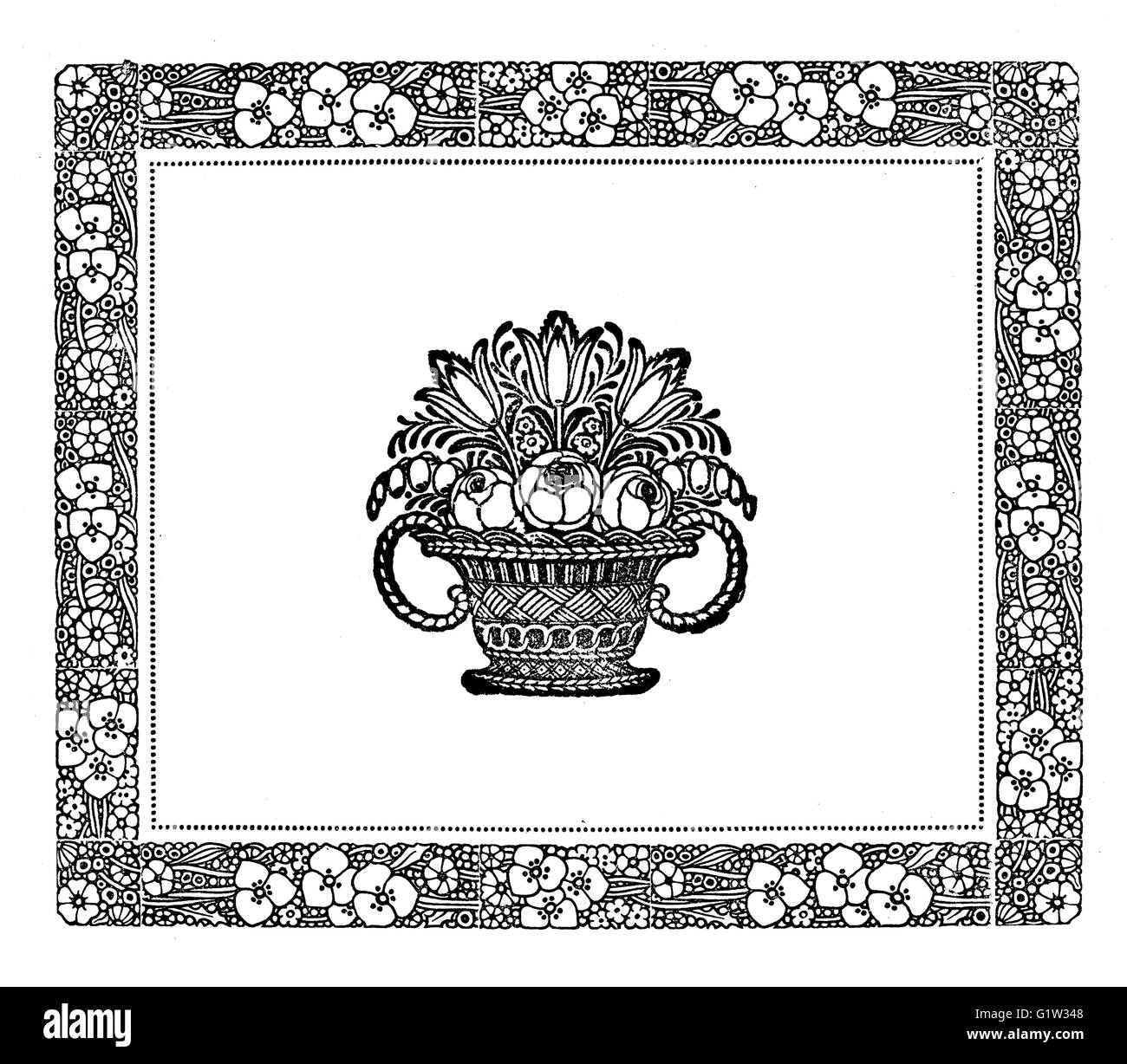 Vintage art nouveau floral decoration, elegant stylized frame and vase with flowers Stock Photo