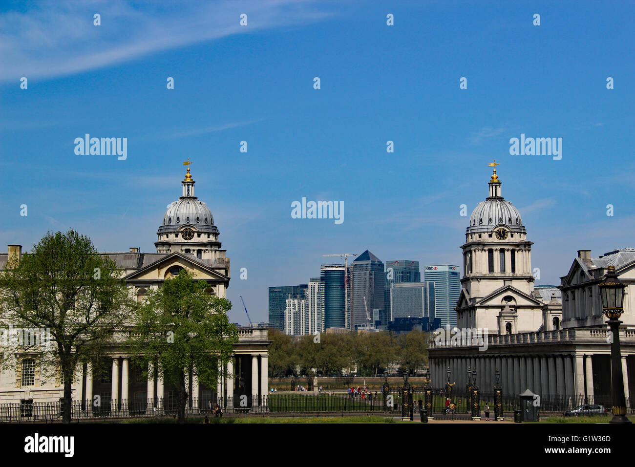 Greenwich Old Royal Navy College London HSBC CITI Bank London Skyline Canary Wharf England Stock Photo