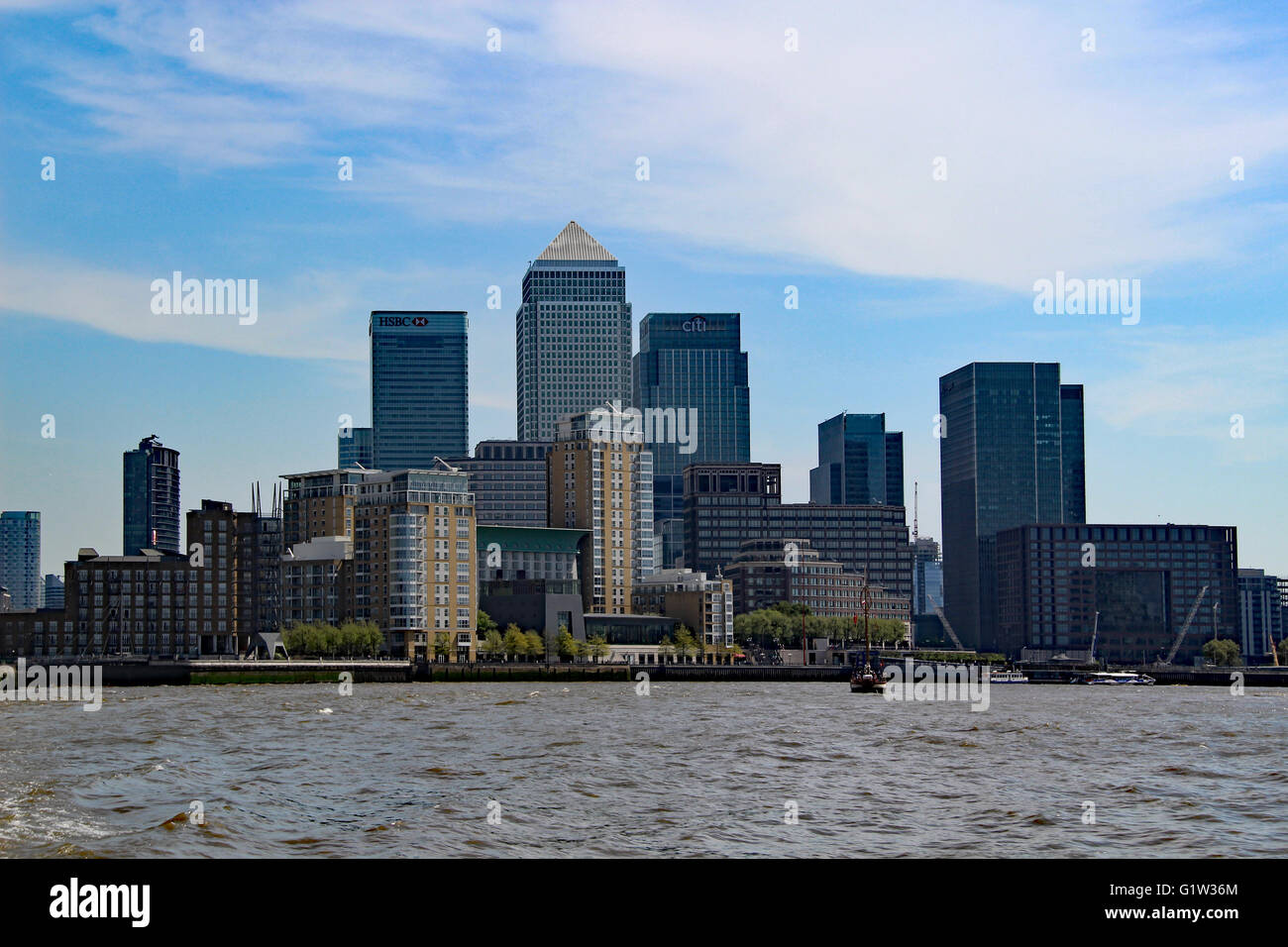 London Docklands London Skyline River Thames CITI BANK HSBC Canary Wharf Stock Photo