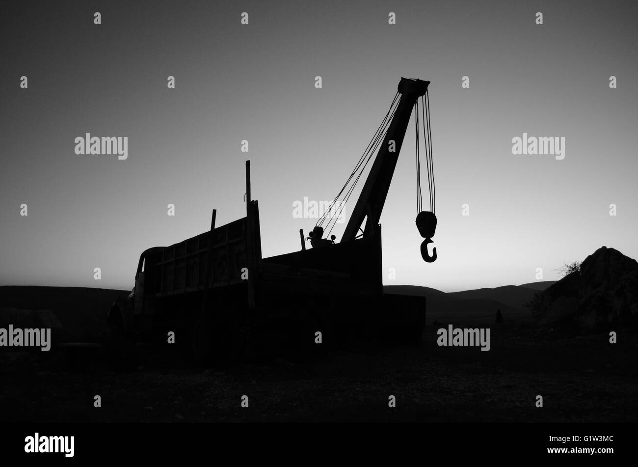 Greece black and white truck with a crane hires stock photography and