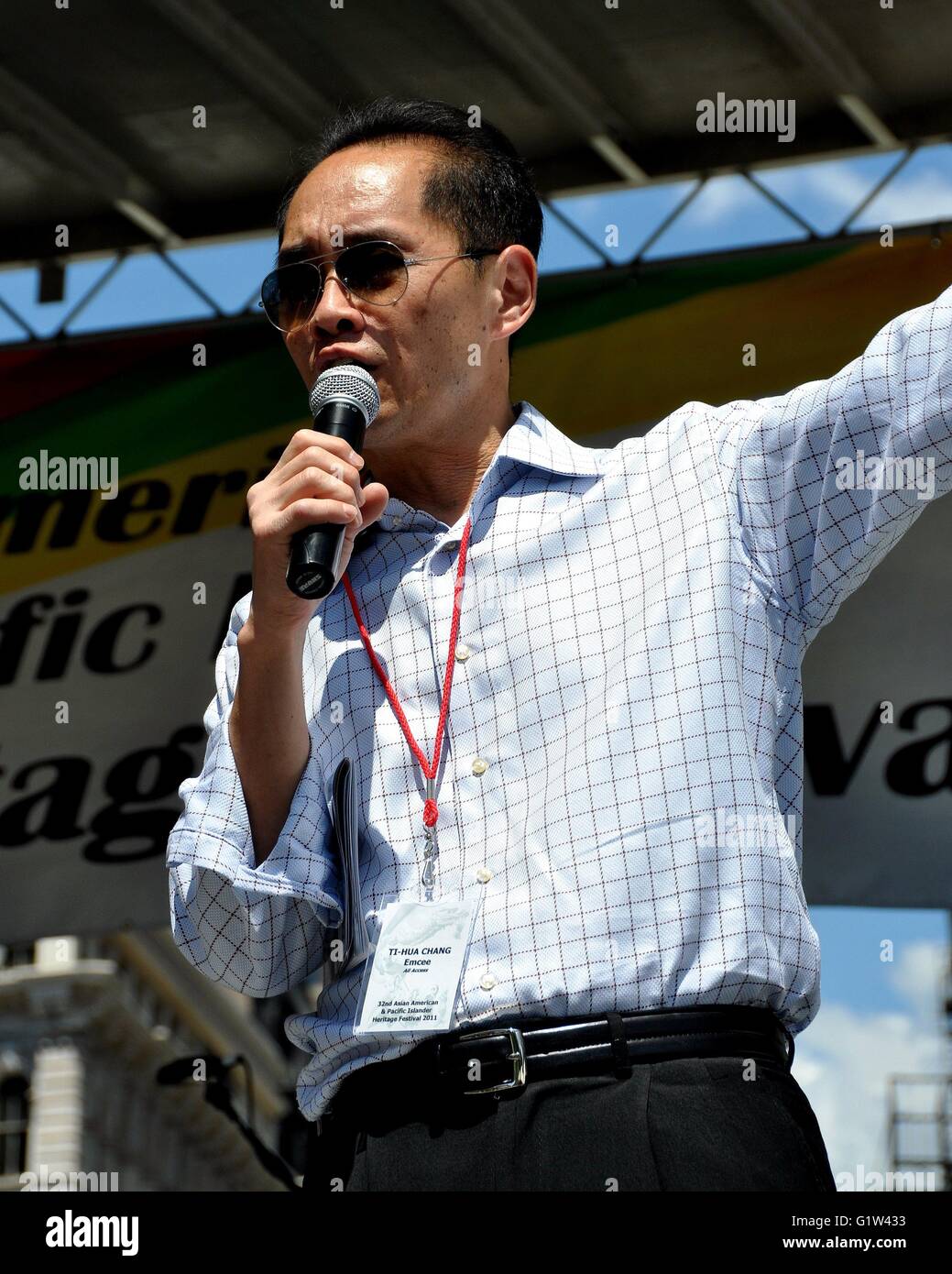 New York City:  TV newsman Ti Hua Chang emcees the 32nd annual Asian American & Pacific Islander Festival in Union Square Stock Photo