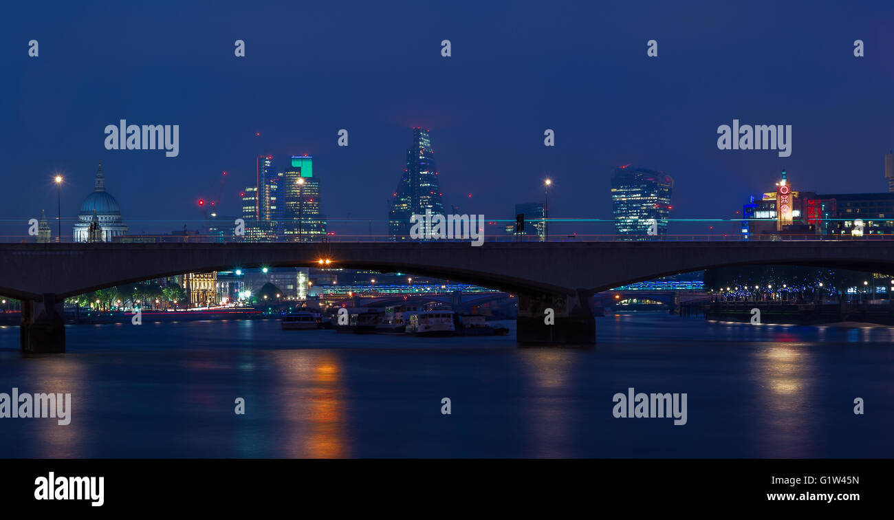 London, UK - May 11, 2017 - London cityscape at night including St, Paul’s Cathedral, OXO Tower and Waterloo Bridge Stock Photo