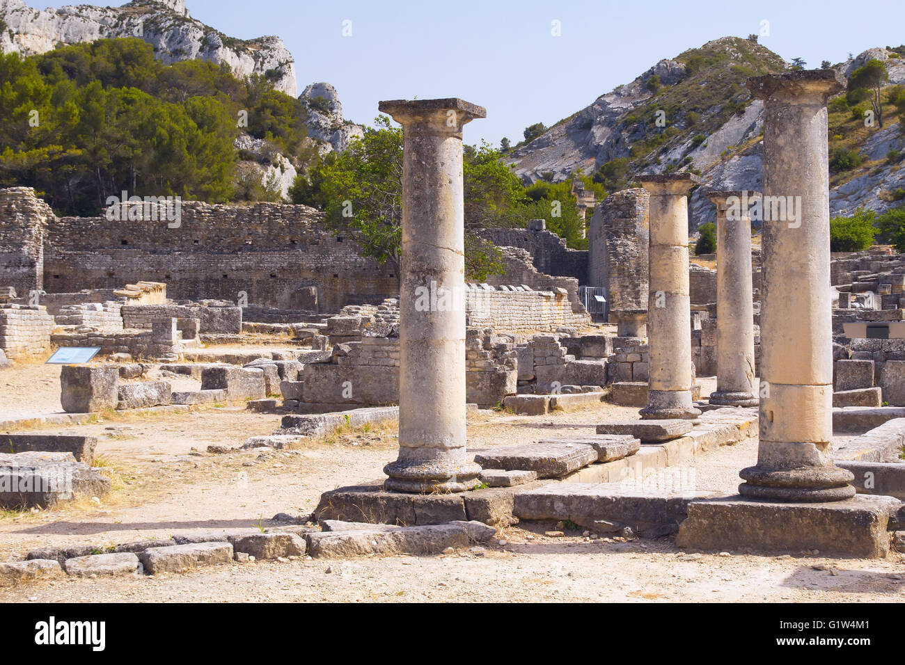 Roman pillars in the Glanum near of Saint-Rémy-de-Provence. France. Stock Photo
