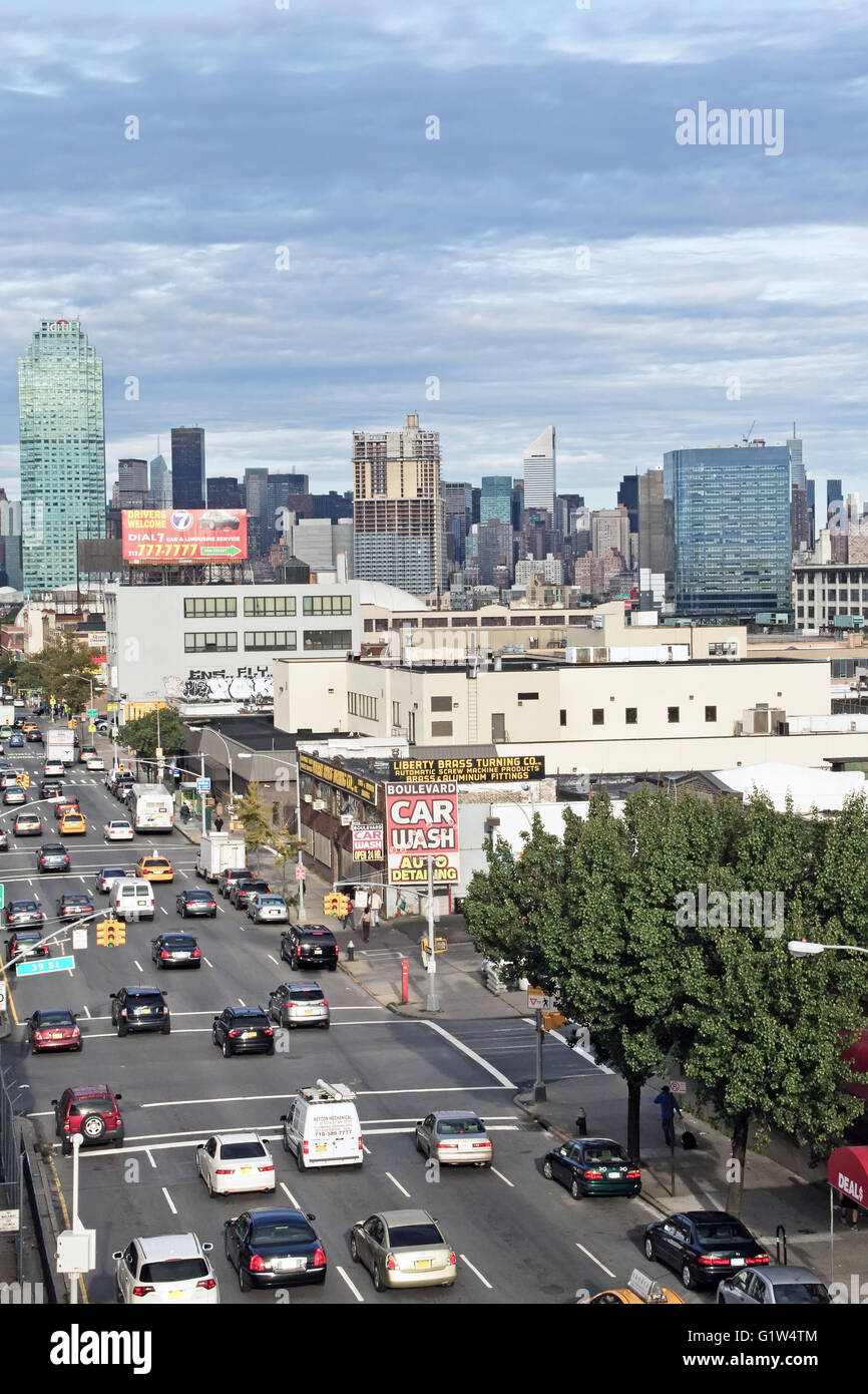 Traffic at Boulevard Queens in New York City. Vertically Stock Photo