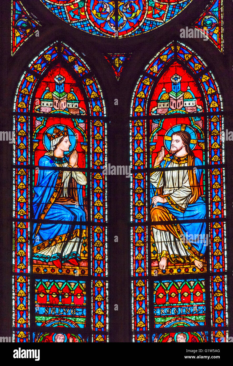 Jesus Christ Mary Stained Glass Notre Dame Cathedral Paris France.  Notre Dame was built between 1163 and 1250 AD. Stock Photo