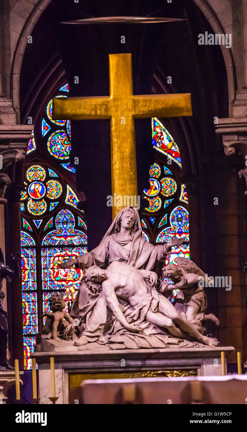Pieta Mary Jesus Statue Cross Stained Glass Notre Dame Cathedral Paris