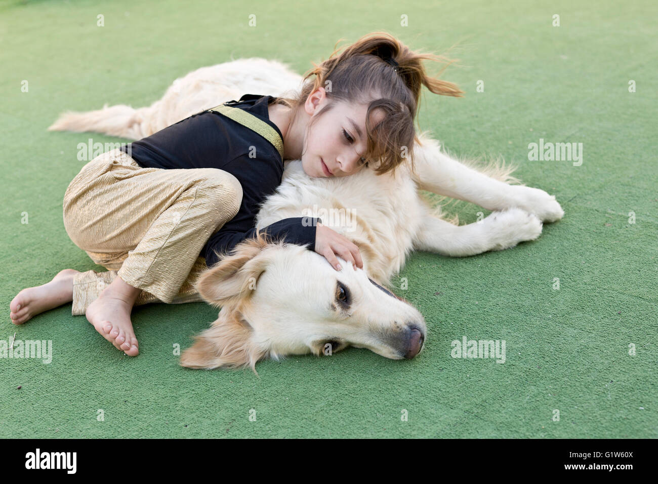 Little girl with her dog with signs of affection Stock Photo Alamy