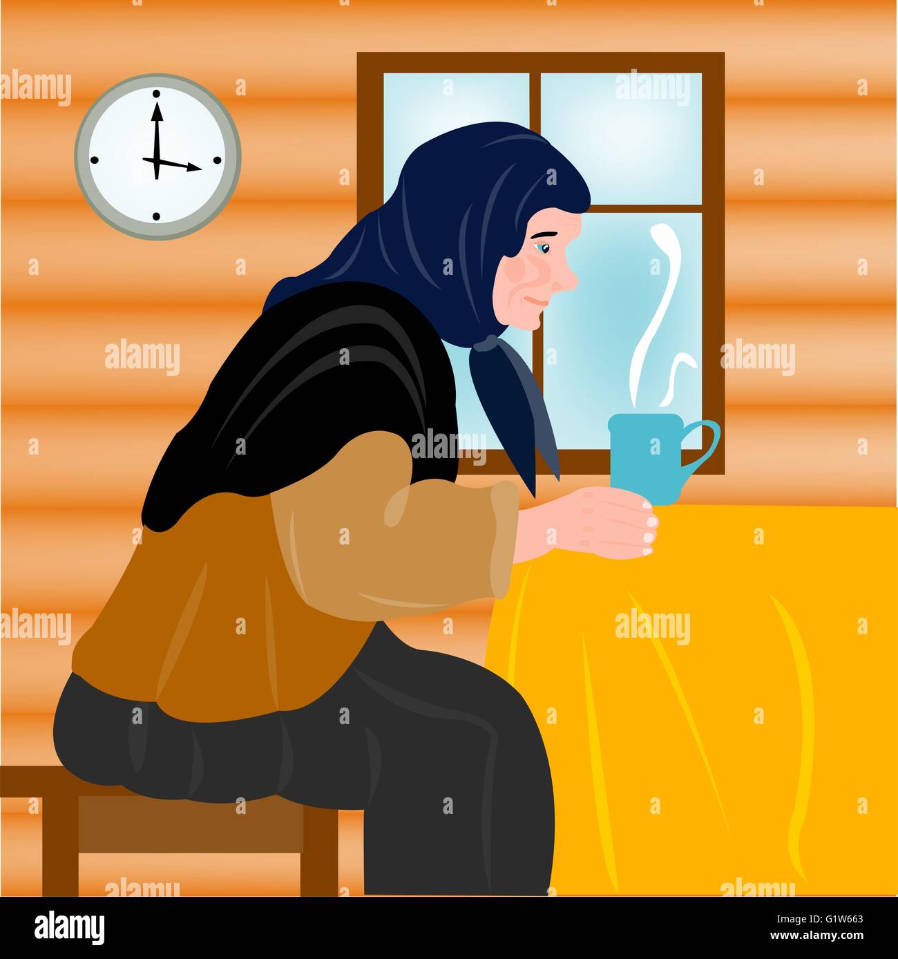 Aging grandmother in house and mug of hot tea Stock Vector