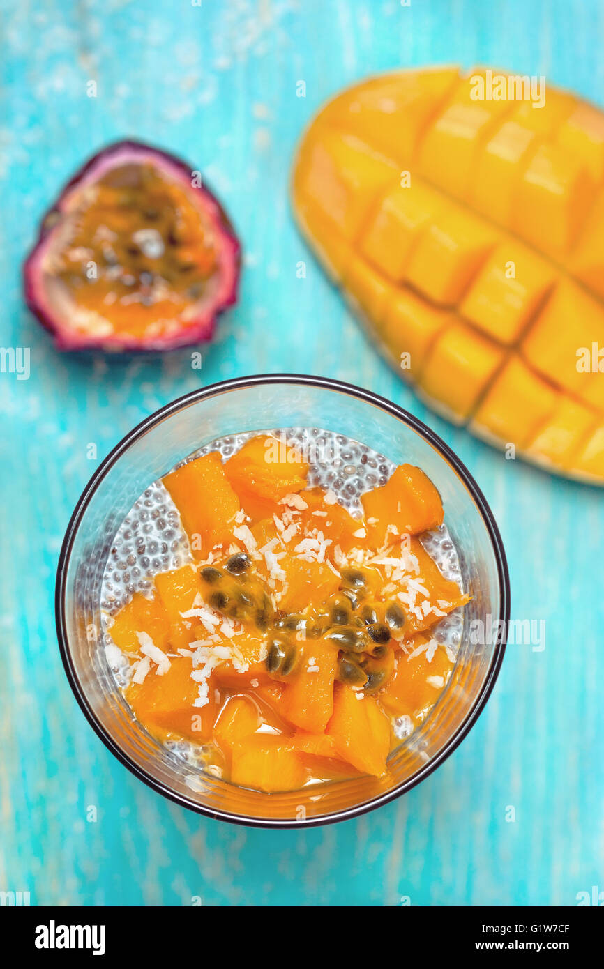 chia pudding with soy (coconut, almond) milk and mango pieces in a