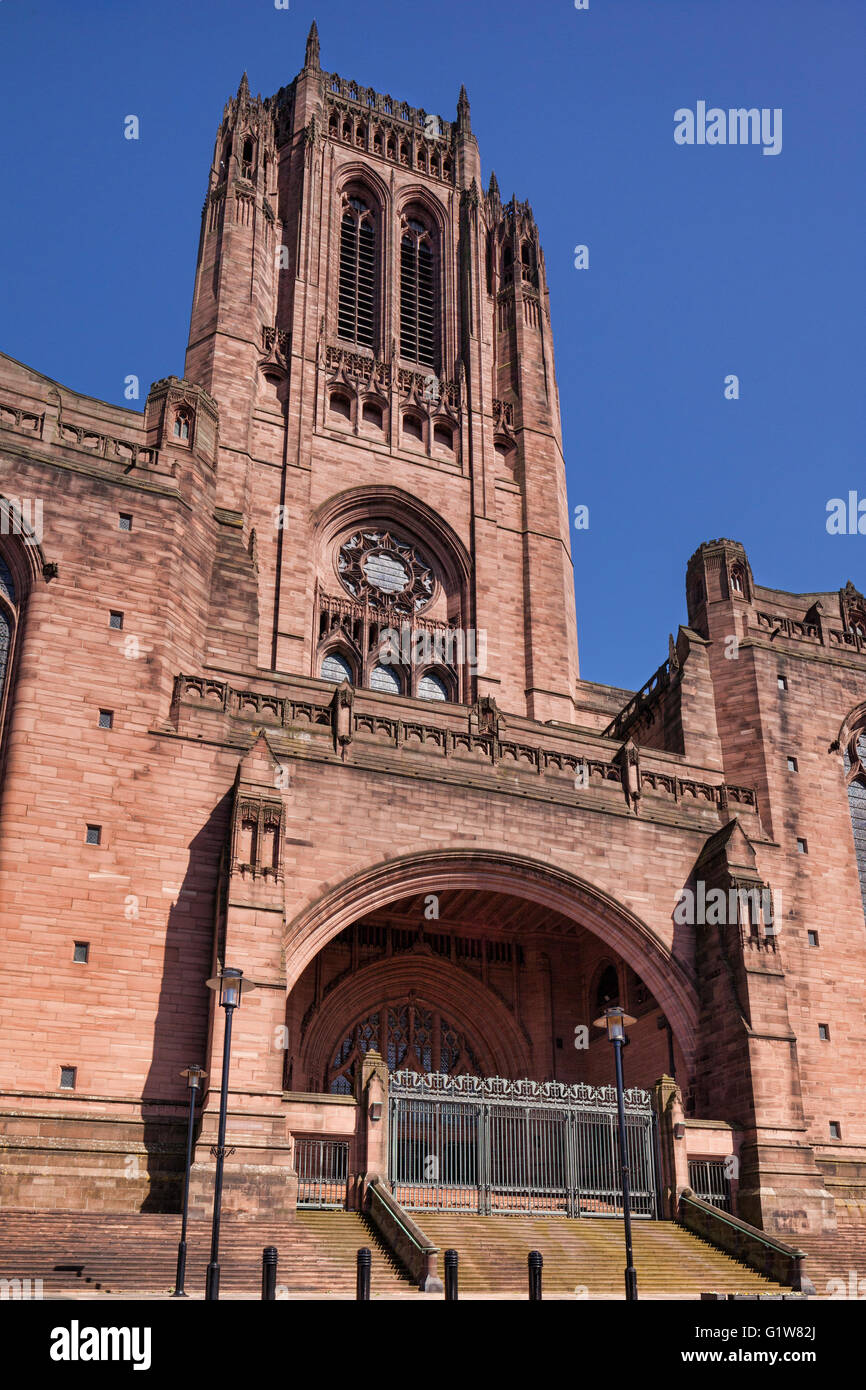 The west door and tower of the Anglican Cathedral in Liverpool, Merseyside, England. Stock Photo