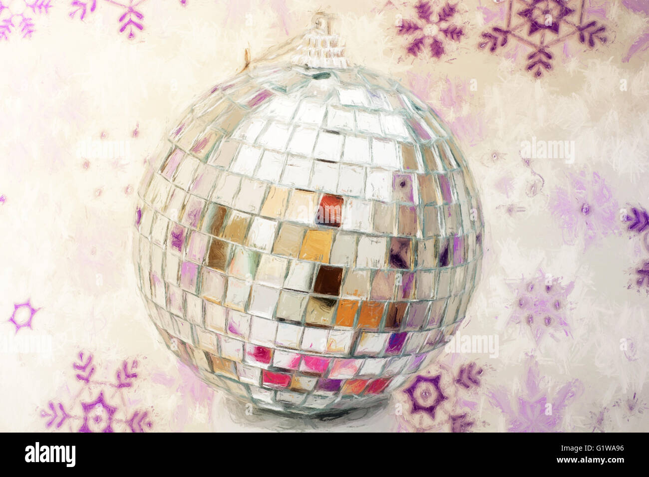 Mirror disco ball with winter background. Illustration with colored