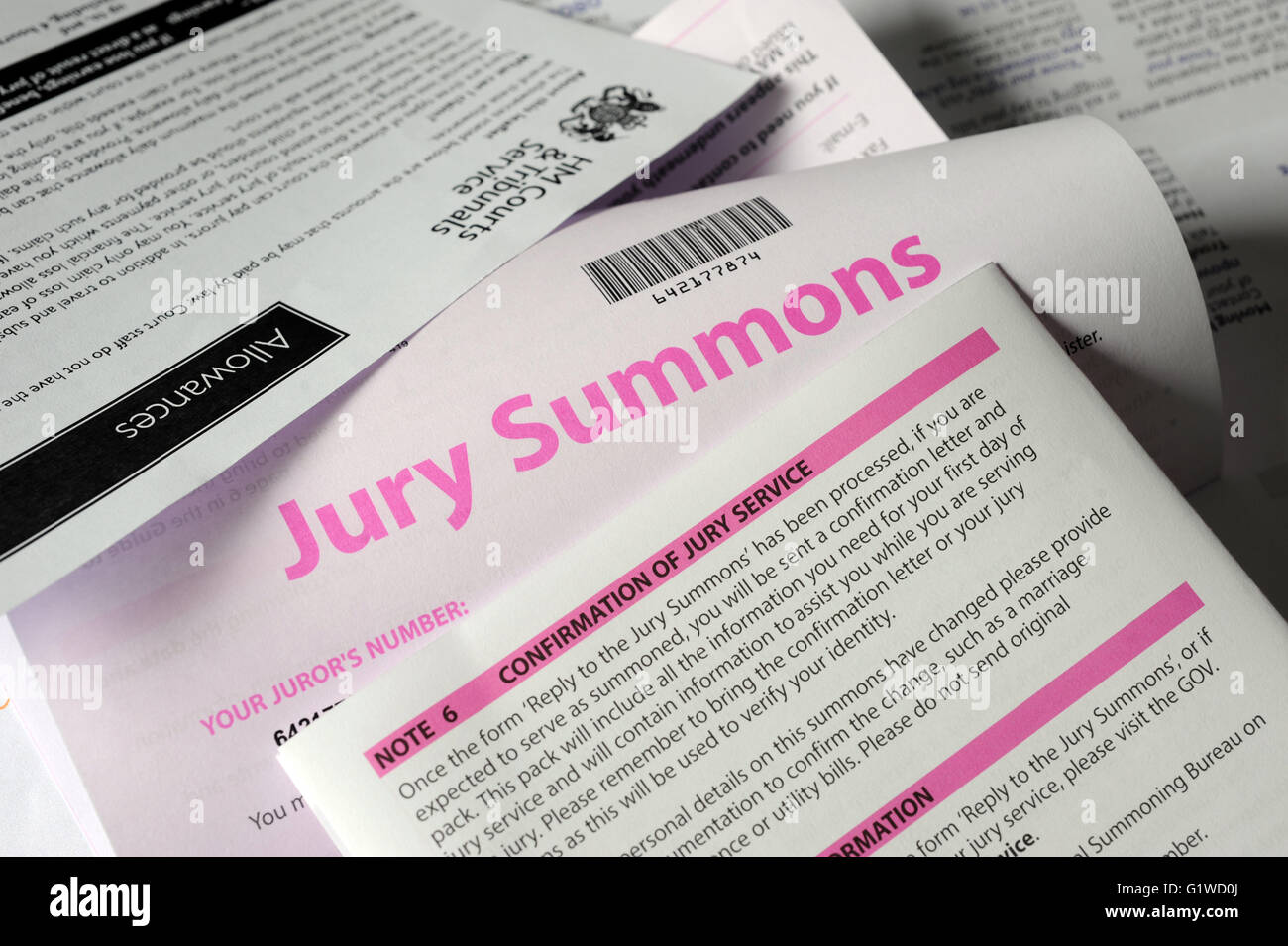 JURY SUMMONS LETTER FOR CONFIRMATION OF JURY SERVICE RE JURORS  LAW COURT CROWN MAGISTRATES HM COURTS  TRIBUNAL SERVICE JAIL UK Stock Photo