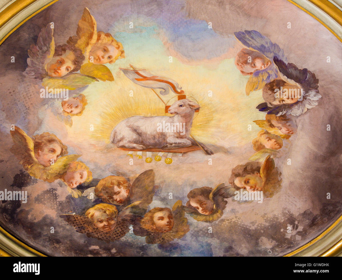 ROME, ITALY - MARCH 11, 2016: The Lamb of God fresco in the cupola of Chapel of the Assumption in church Basilica. Stock Photo