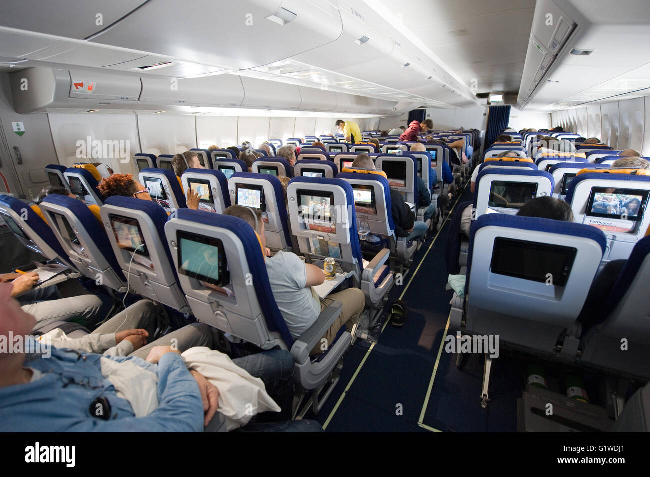 Interior of an airplane on an intercontinental flight to America Stock ...