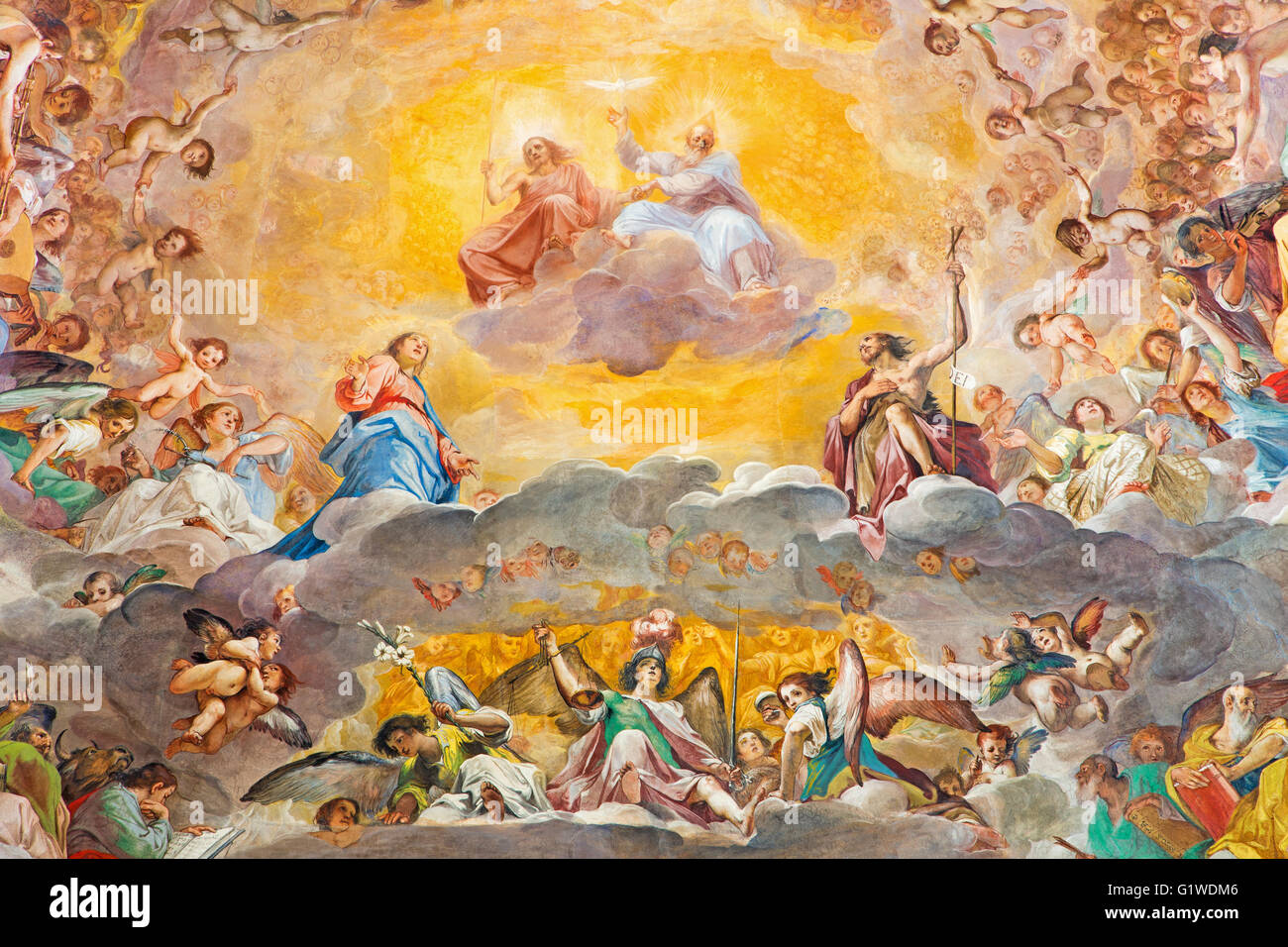 ROME, ITALY - MARCH 12, 2016: The central part of fresco of The Glory of Heaven (1630) in Basilica di Santi Quattro Coronati Stock Photo