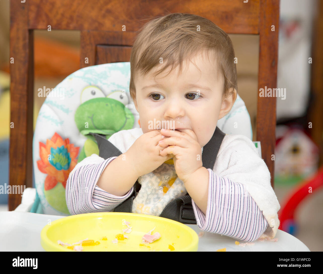 Cute one year old baby sitting at table with plate and eating with hands Stock Photo