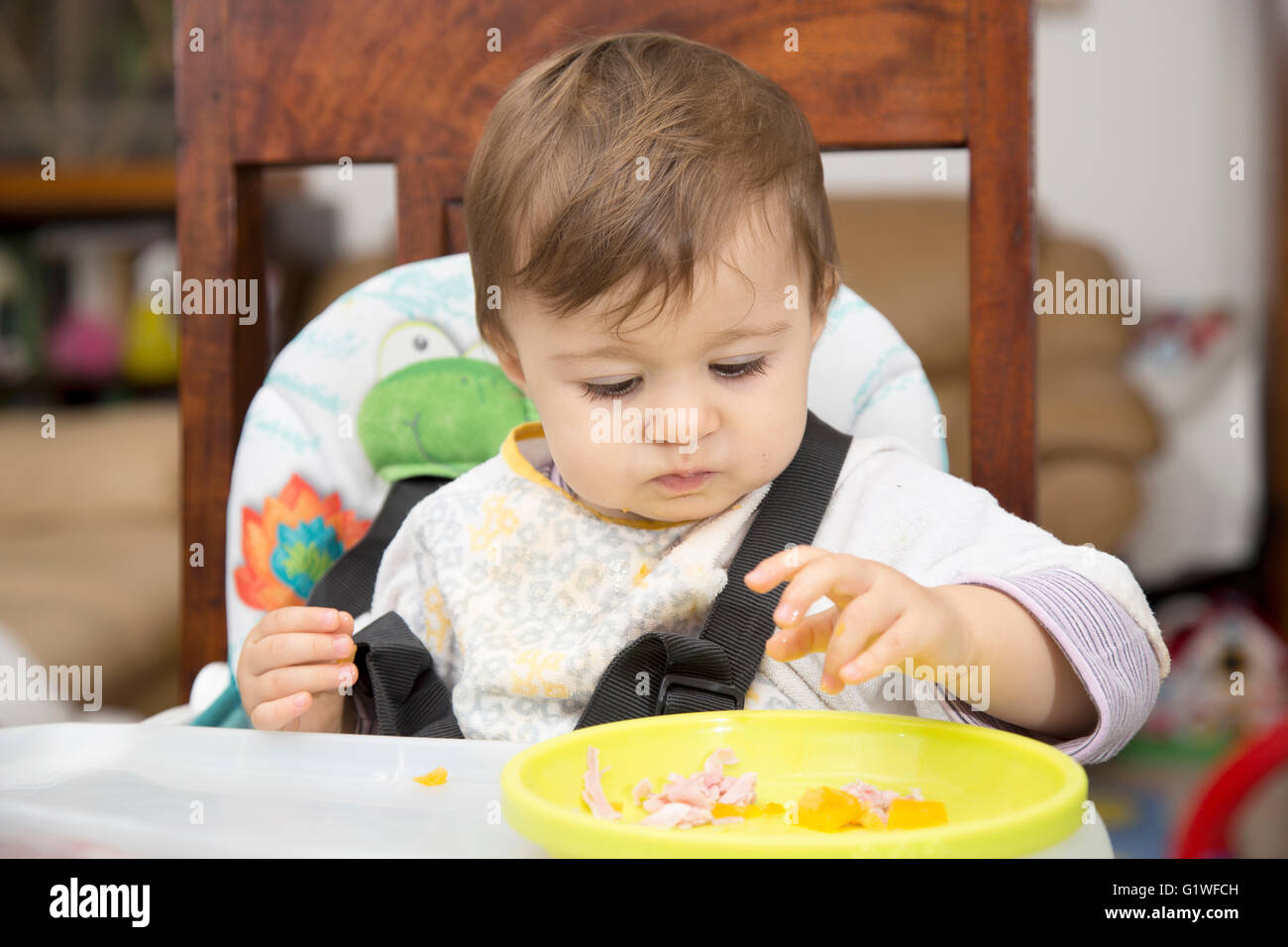 Portrait of little one year old baby at table eating food from a plate with hand Stock Photo