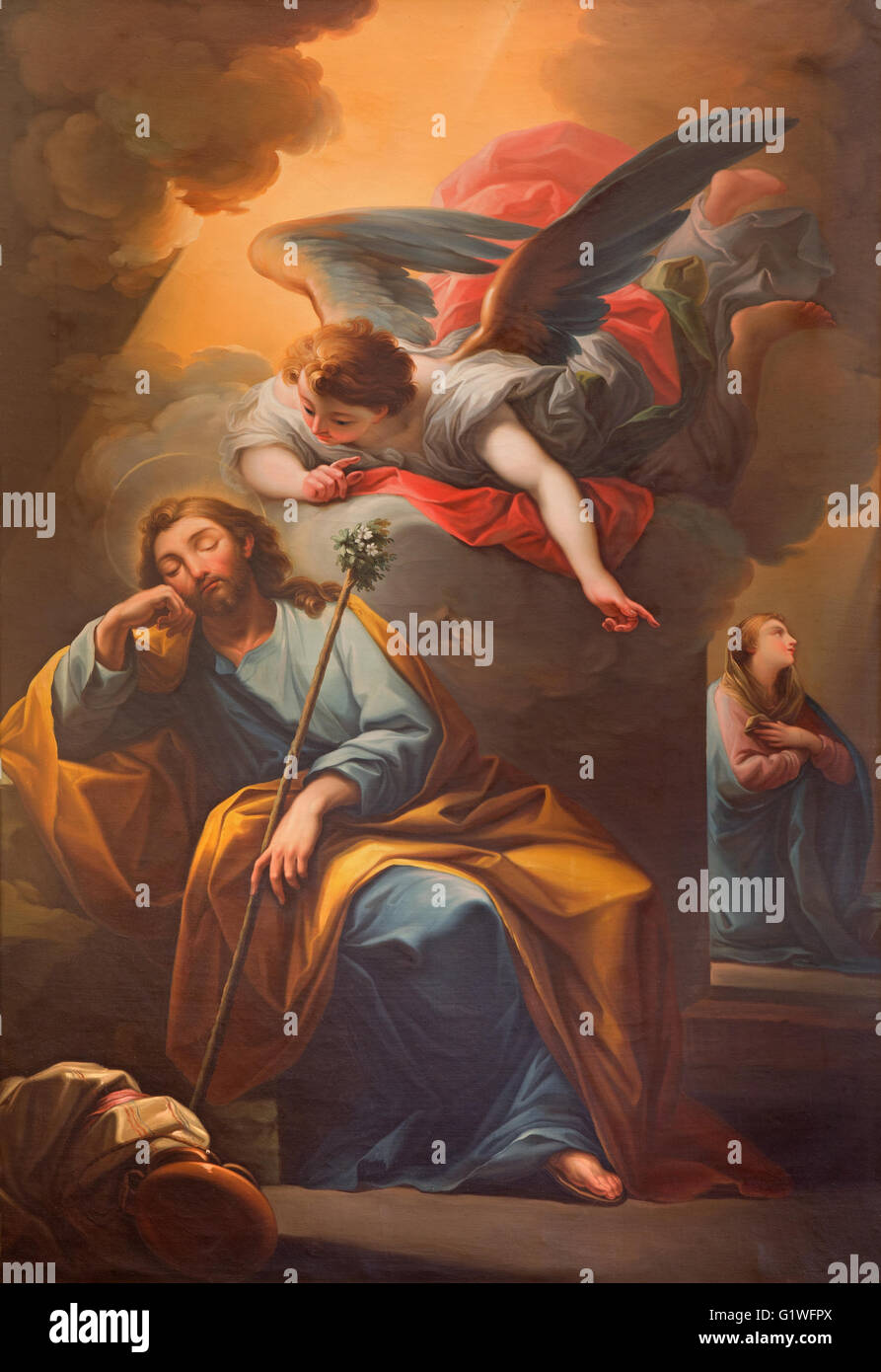 SEGOVIA, SPAIN, APRIL - 14, 2016: The vision of angel to St. Jospeh in the dream painting  in Catedral by unknown artist of 19. cent. Stock Photo