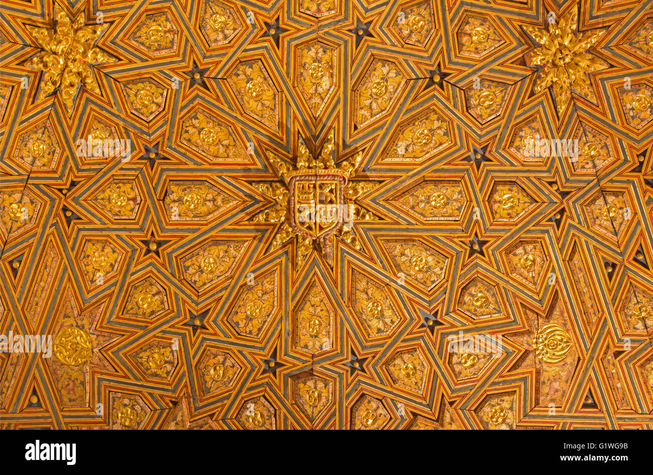 SEGOVIA, SPAIN, APRIL - 14, 2016: The mudejar carved and polychrome ceiling of sala capitular, Monasterio de San Antonio el Real Stock Photo