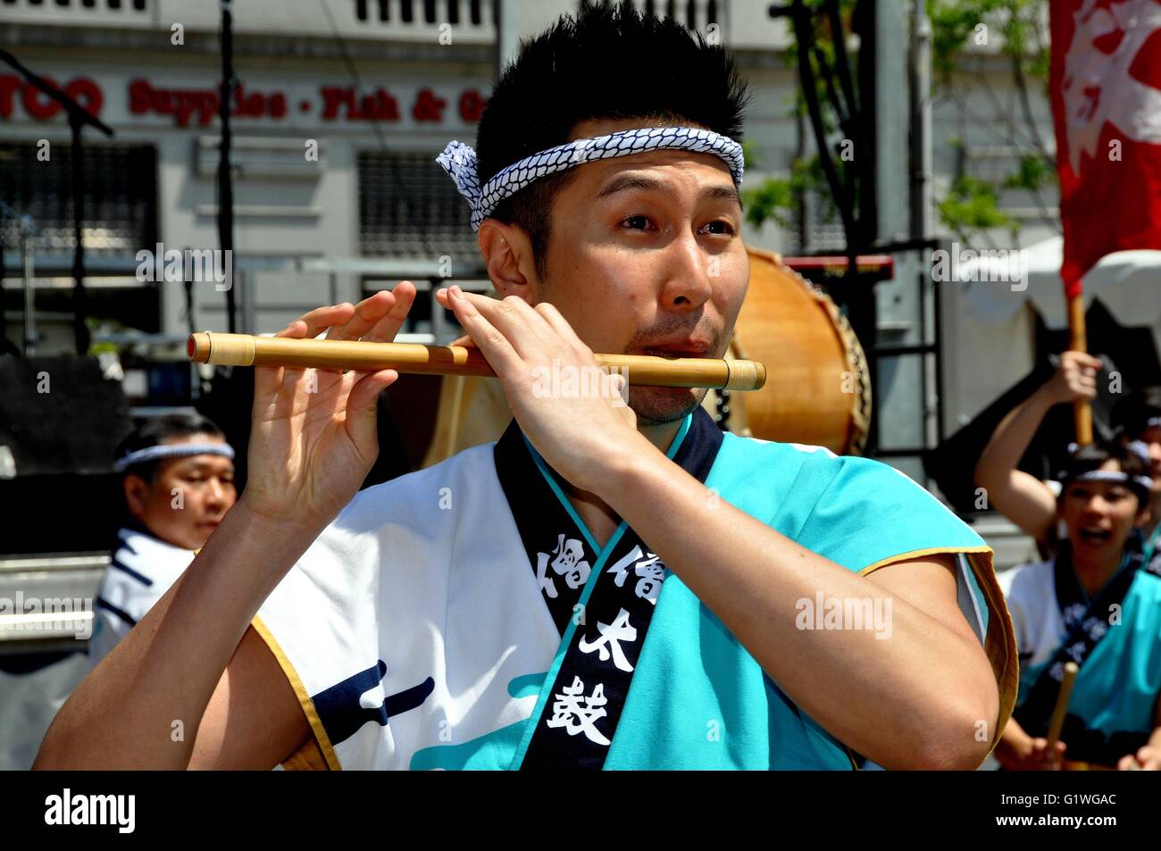 New York City:  Soh Daiko Japanese Musician performaning at the 32nd Asian American & Pacific Islander Heritage Festival Stock Photo