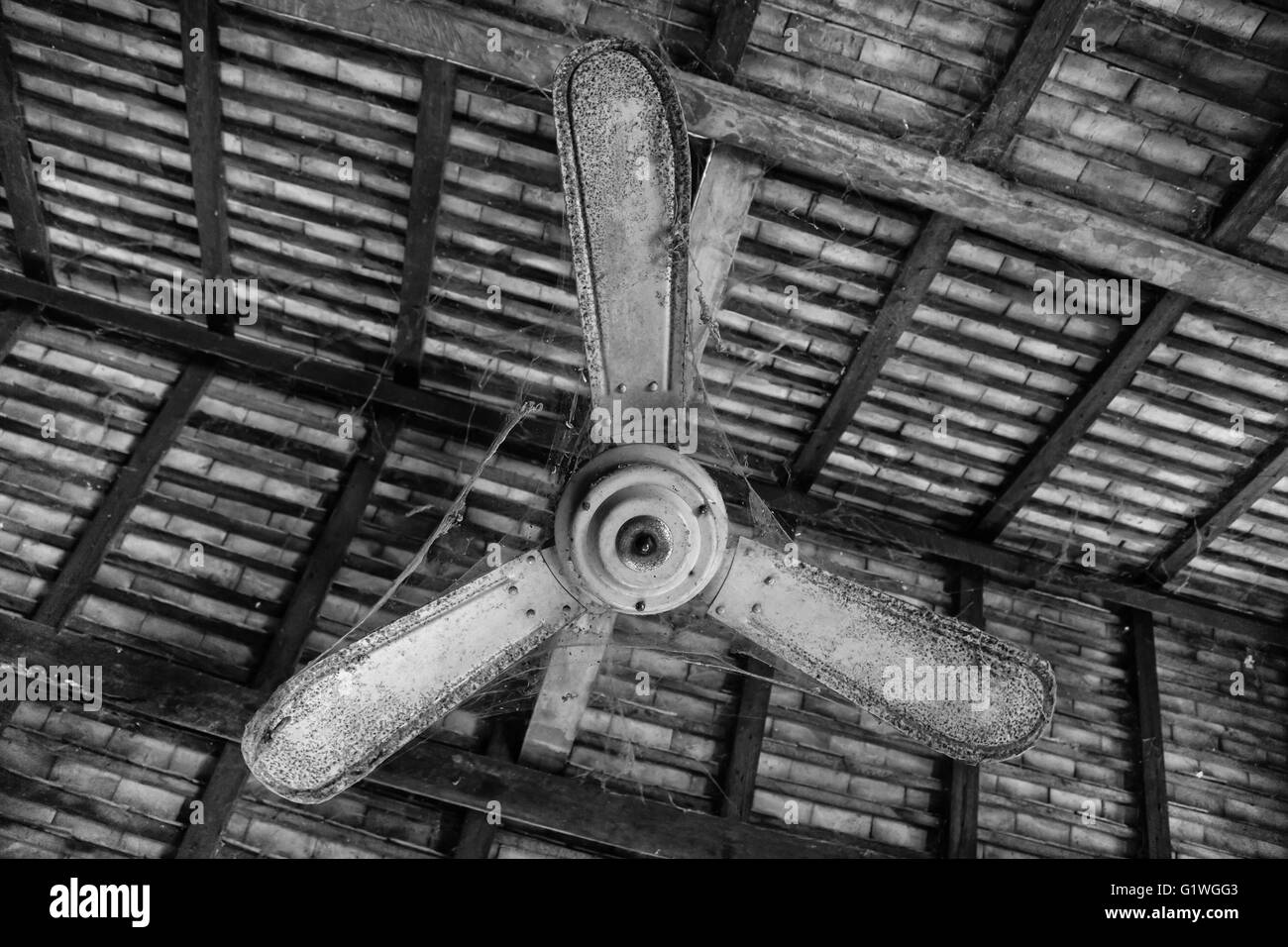 Old Ceiling Fan And Cobwebs In Ancient Thai House Stock Photo