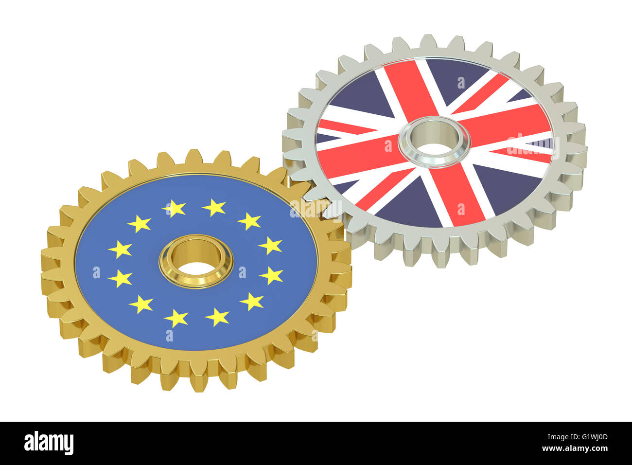 EU and Britain flags on a gears, 3D rendering Stock Photo