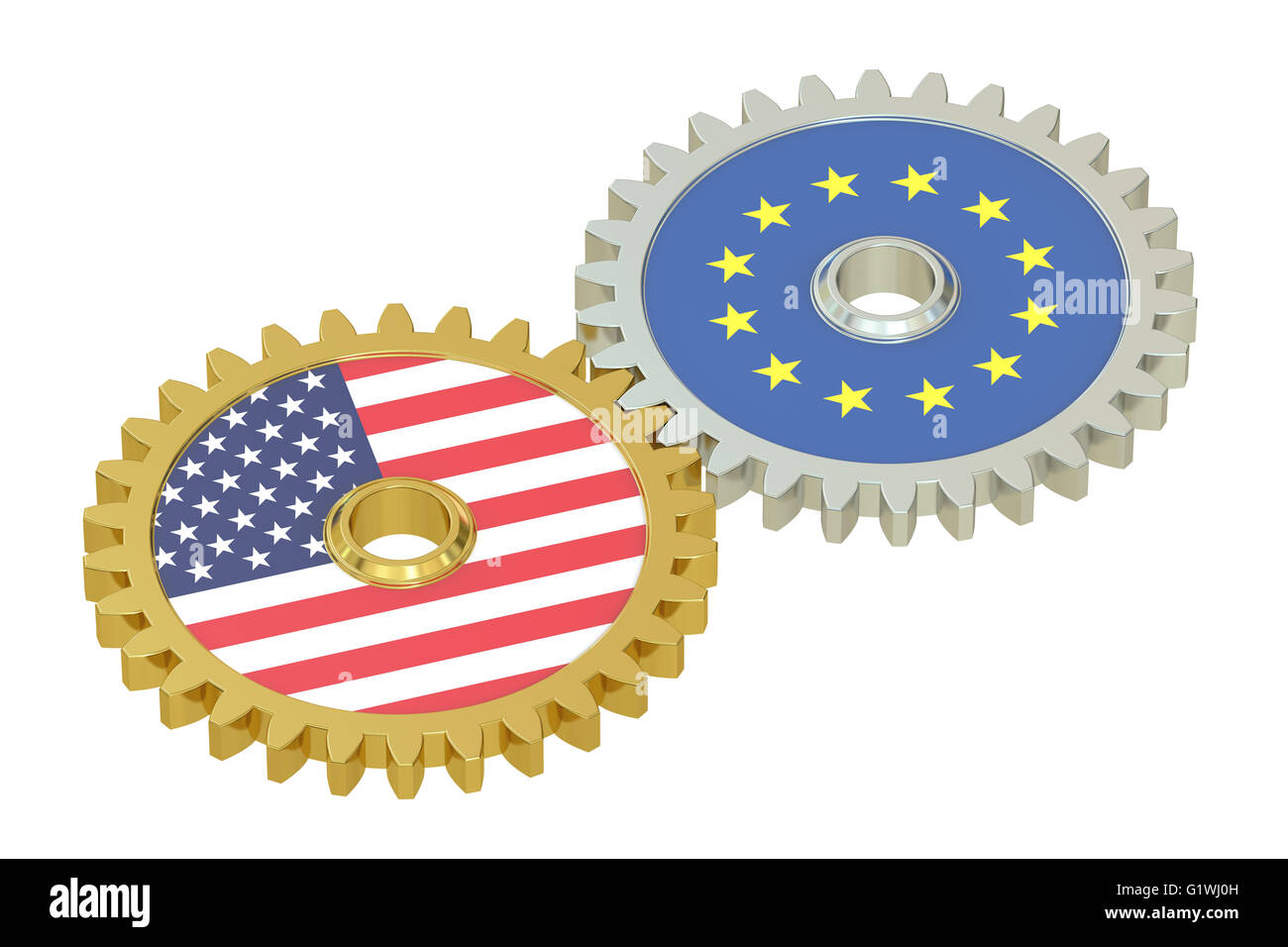 EU and United States relations concept, flags on a gears. 3D rendering isolated on white background Stock Photo
