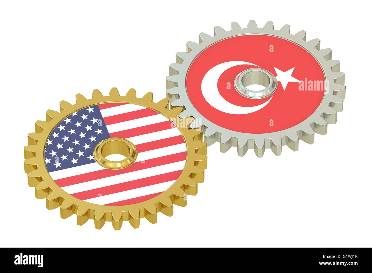 USA and Turkish flags on a gears, 3D rendering isolated on white background Stock Photo