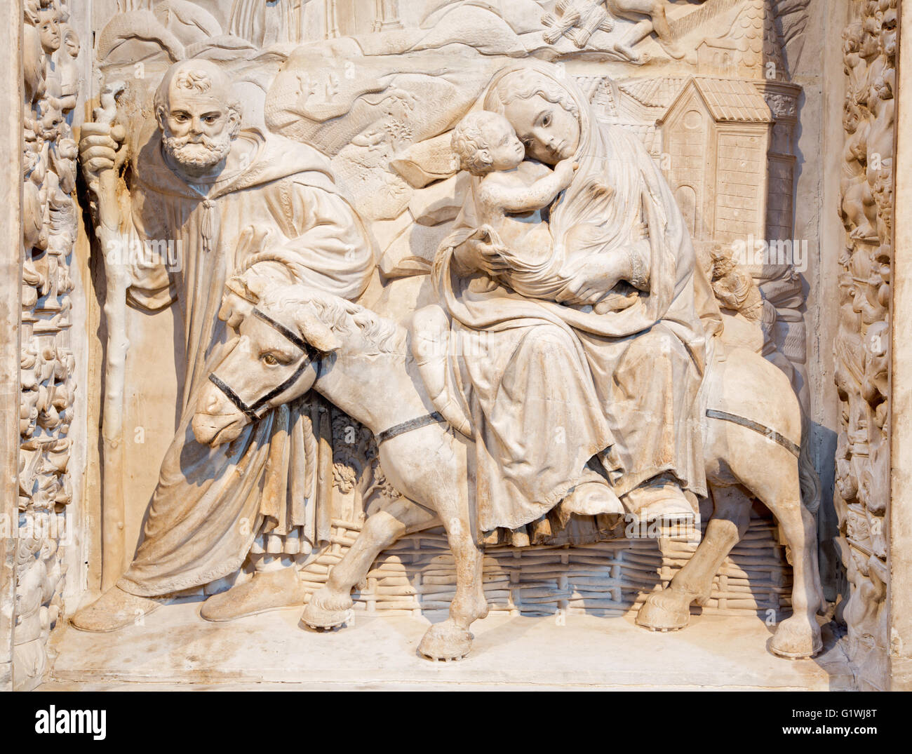 AVILA, SPAIN, APRIL - 18, 2016: The relief of Flight to Egypt on the renaissance transchoir alat by Juan Rodriguez and Lucas G. Stock Photo