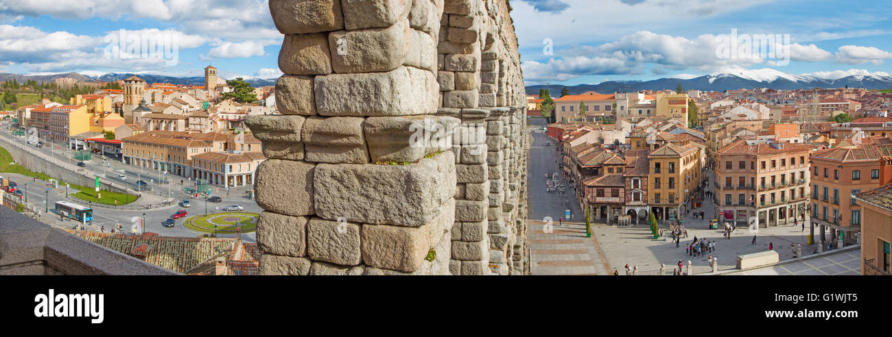 SEGOVIA, SPAIN, APRIL - 13, 2016: Aqueduct of Segovia and Plaza del Artilleria with the town. Stock Photo